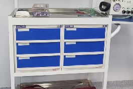 A medical cabinet featuring blue drawers and an emergency crash cart machine from the Shree Danev Foundation.