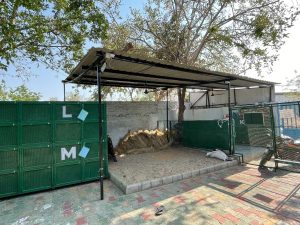 A green structure with a fence and gate, associated with the Shree Danev Foundation's cow shed in animal hospital facilities.